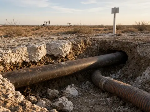 Excavation exposing a steel pipeline in caliche soil near pump jacks
